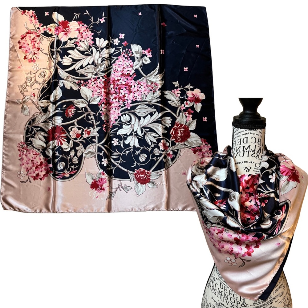 Floral Satin Scarf in Pink and Midnight Navy Blue, 35 inch square size